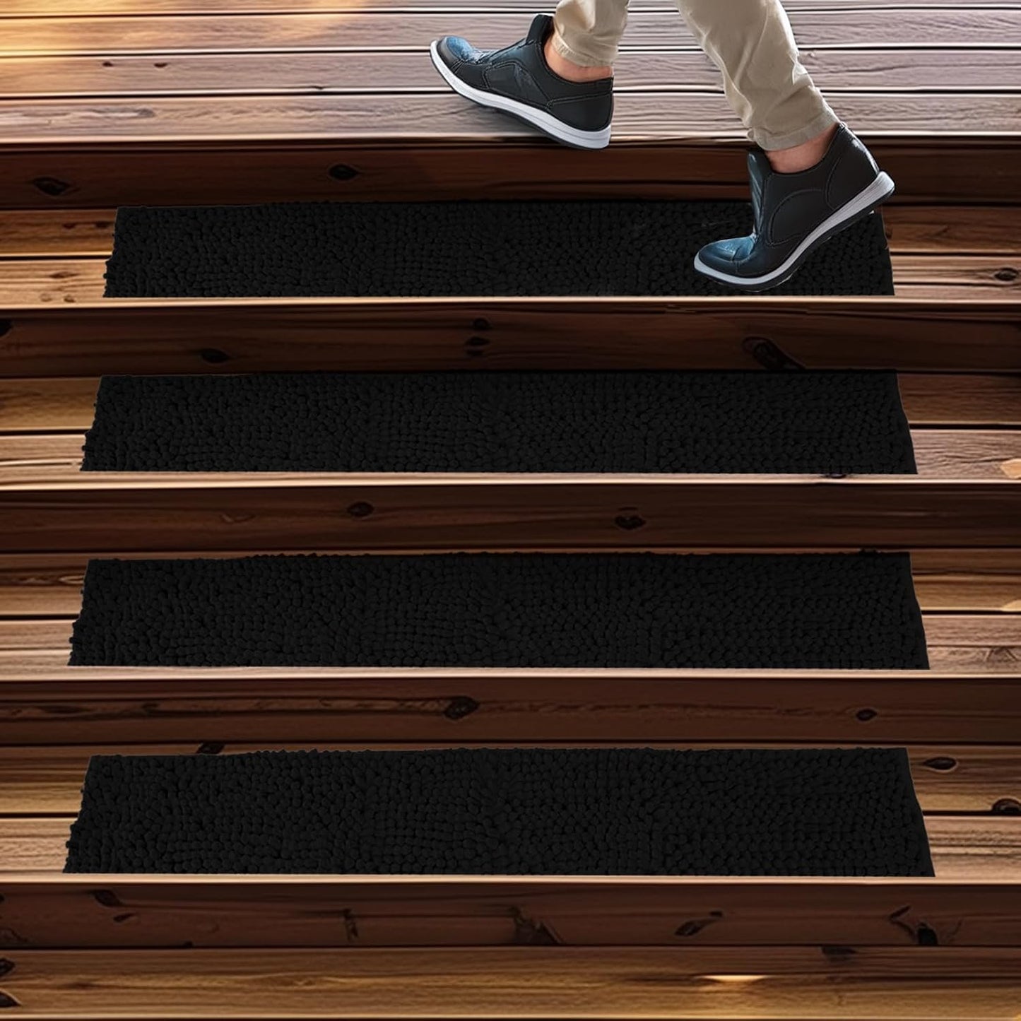 Muddy Mat® Pack of 4 - Soft Chenille Stair Treads Non-Slip Reusable, Super Absorbent Stair Treads for Wooden Steps, Tile & Marble Floor, Easy to Install & Machine Washable - Brown 30'' x 7''