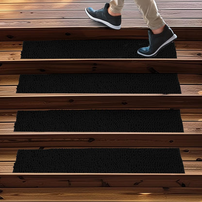 Muddy Mat® Pack of 4 - Soft Chenille Stair Treads Non-Slip Reusable, Super Absorbent Stair Treads for Wooden Steps, Tile & Marble Floor, Easy to Install & Machine Washable - Brown 30'' x 7''