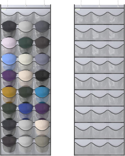 Baseball Hat Rack, 24 Pocket Over-The-Door Hat Organizer with Clear Deep Pockets to Display Baseball Caps Collection, Complete with 3 Over Door Hooks (Black, 24 Pockets)