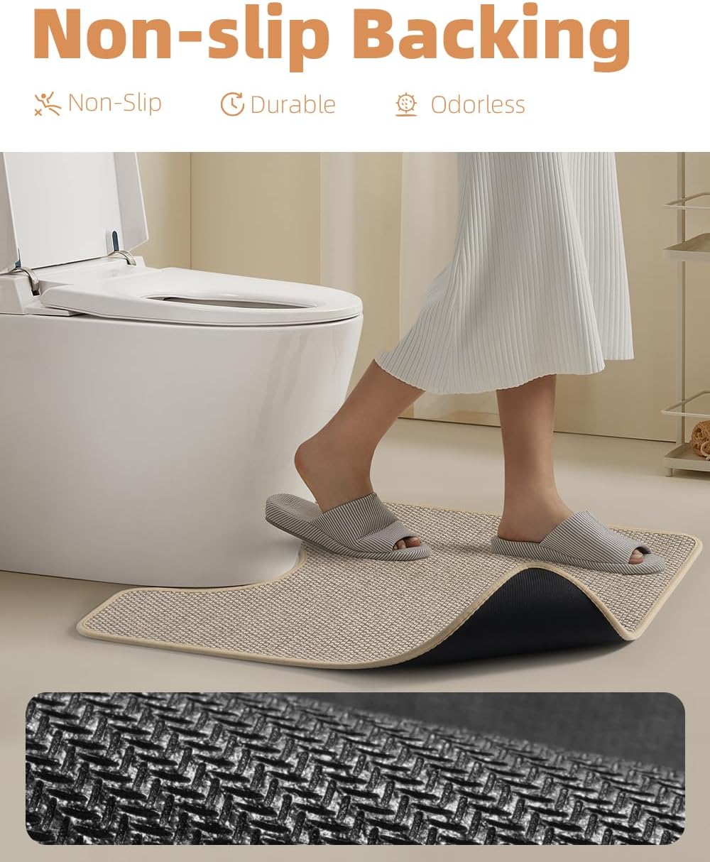PADOOR Non-Slip Bath Mat With Rubber-Backing, Braided Absorbent Machine Washable Thin Rug for Bathroom Floor, Quick Dry, Fits Under Door, 17''x24'' Beige