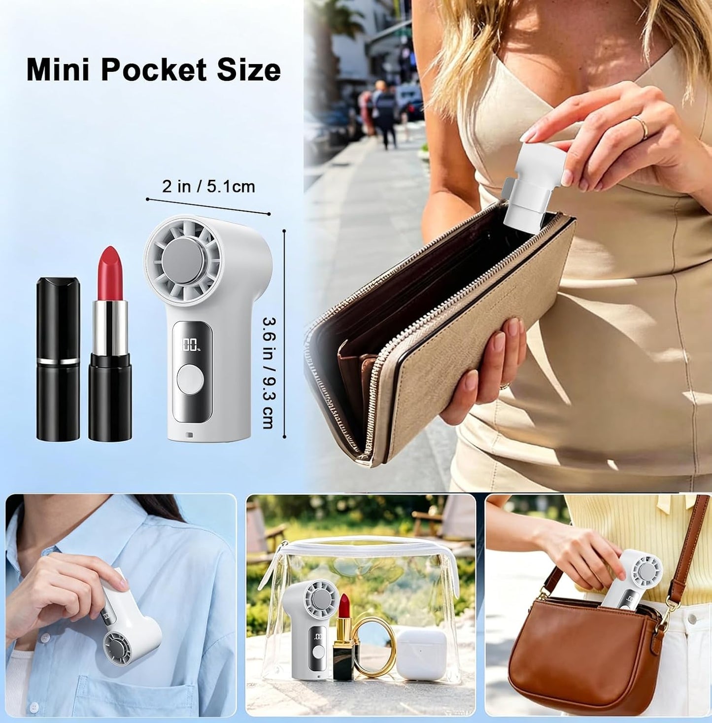 Portable Handheld Mini Fan with Ice Cooling Plate, Personal Clip On Turbo Fan Rechargeable, 18000 RPM 6 Speeds, 360° Detachable Clip, Pocket AC Fans Blow Cold Air for Beach Car Stroller Travel Makeup