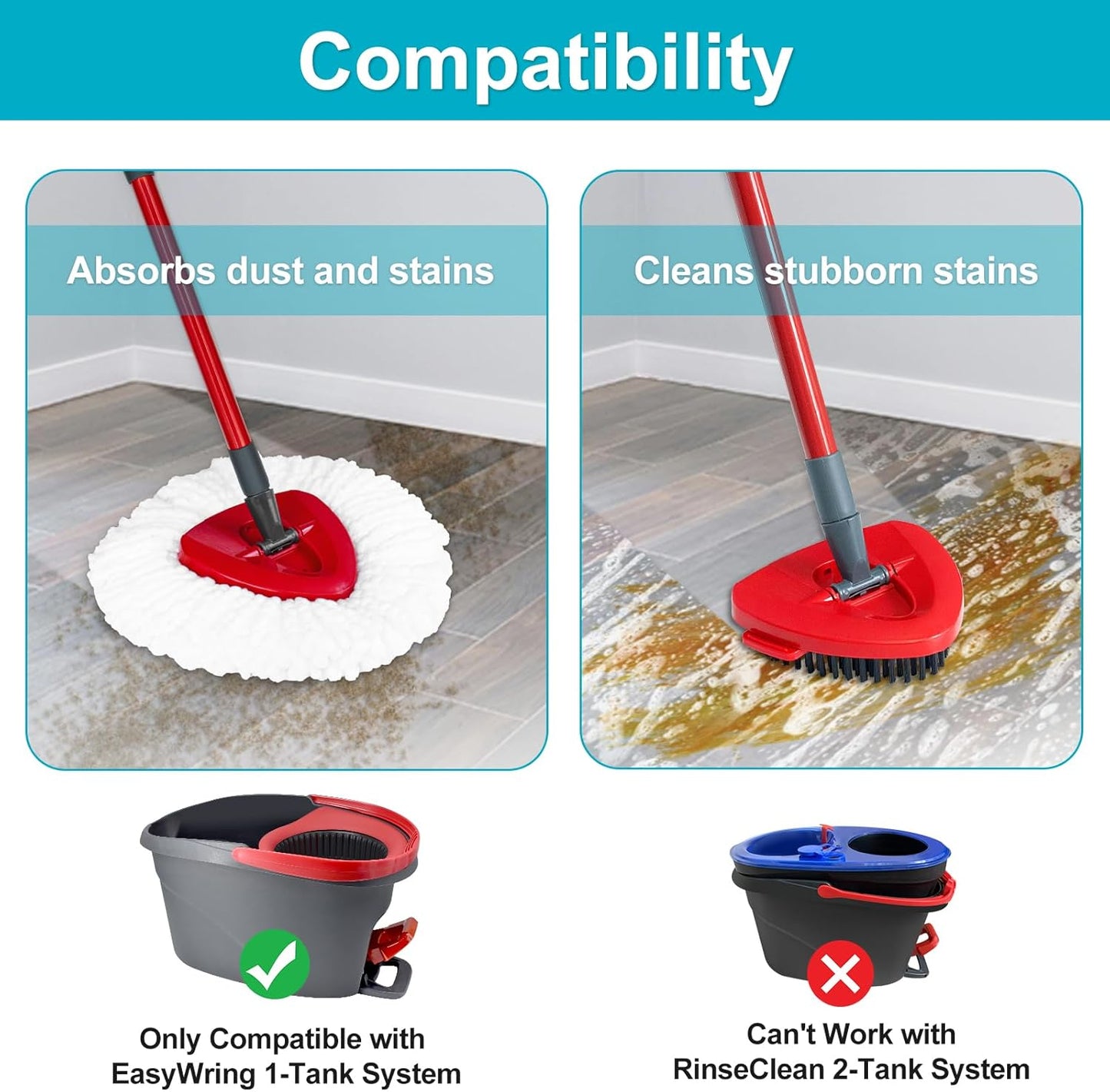 Mop Head Replacement, Base, Mop Handle for Ocedar RinseClean 2-Tank System, 2 Microfiber Mop Refills, Extendable Length 30-59" Mop Handle, Base and Scrubber for All Hard-surfaced Floor
