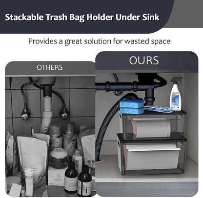 COAZEX 2 Pack Trash Bag Holder Under Sink Stackable, Plastic Garbage Dispenser with Lid, Trash Bag Storage Dispenser Roll Holder for Kitchen, Pantry, Laundry Room Organization