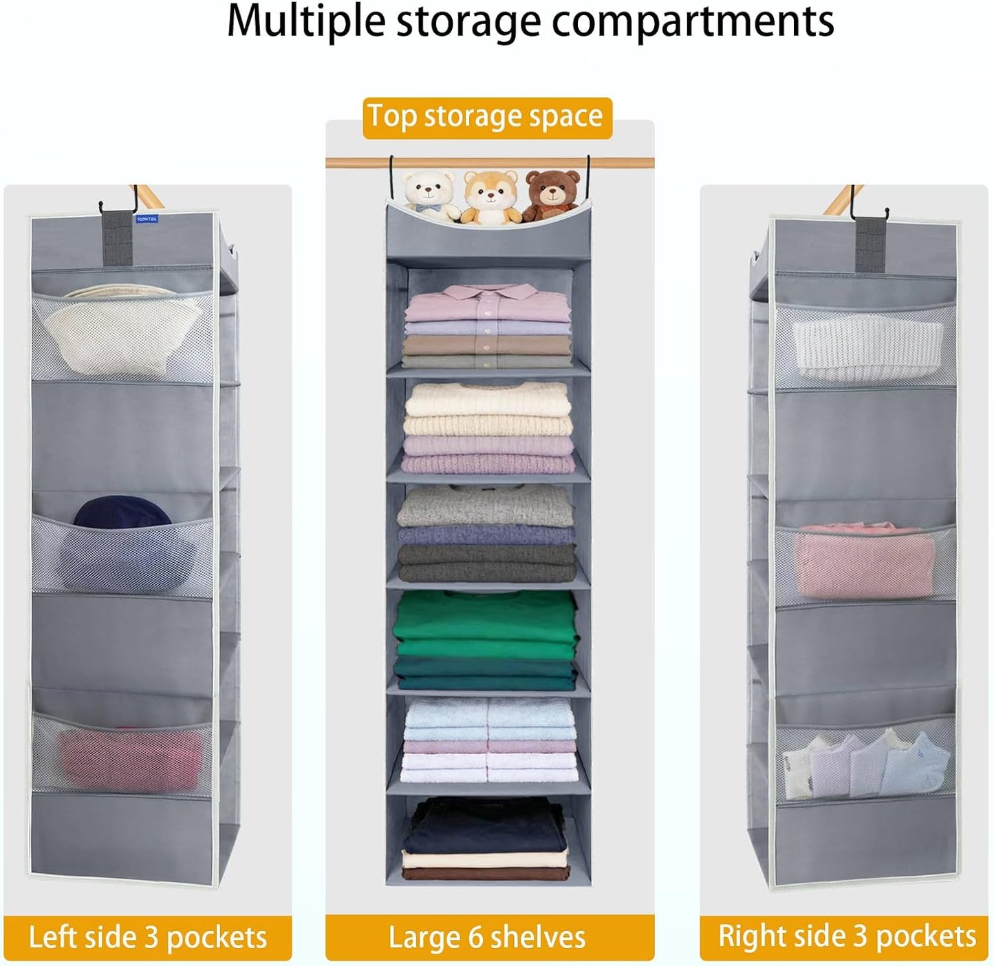 4-Shelf Hanging Closet Organizer and Storage with 4 Side Pockets, Collapsible Closet Hanging Shelves for Storage, Grey