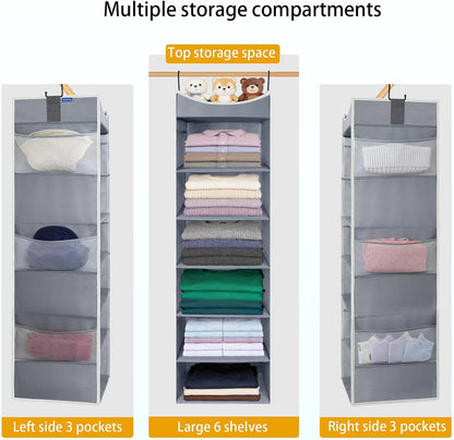 4-Shelf Hanging Closet Organizer and Storage with 4 Side Pockets, Collapsible Closet Hanging Shelves for Storage, Grey