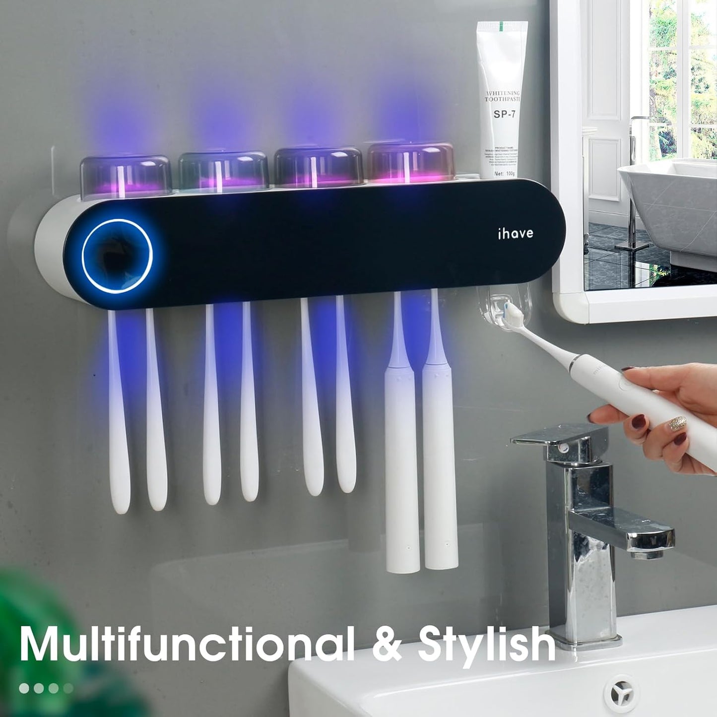 iHave Toothbrush Holders for Bathrooms, UV Toothbrush Sanitizer and Holder Smart Home Bathroom Accessories, 2 Cups Electric Toothbrush Holder Wall Mounted with Toothpaste Dispenser Bathroom Decor