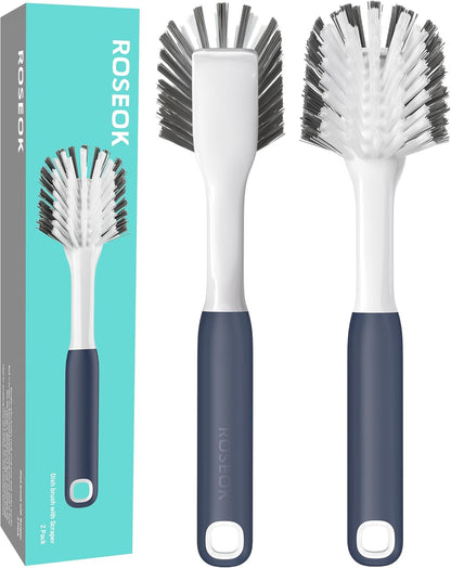 ROSEOK Dish Brush with Built-in Scraper,Kitchen Scrub Brush for Cleaning Dishes,Pots,Non-Stick Pans and Sinks,Navy Blue,2 Pack