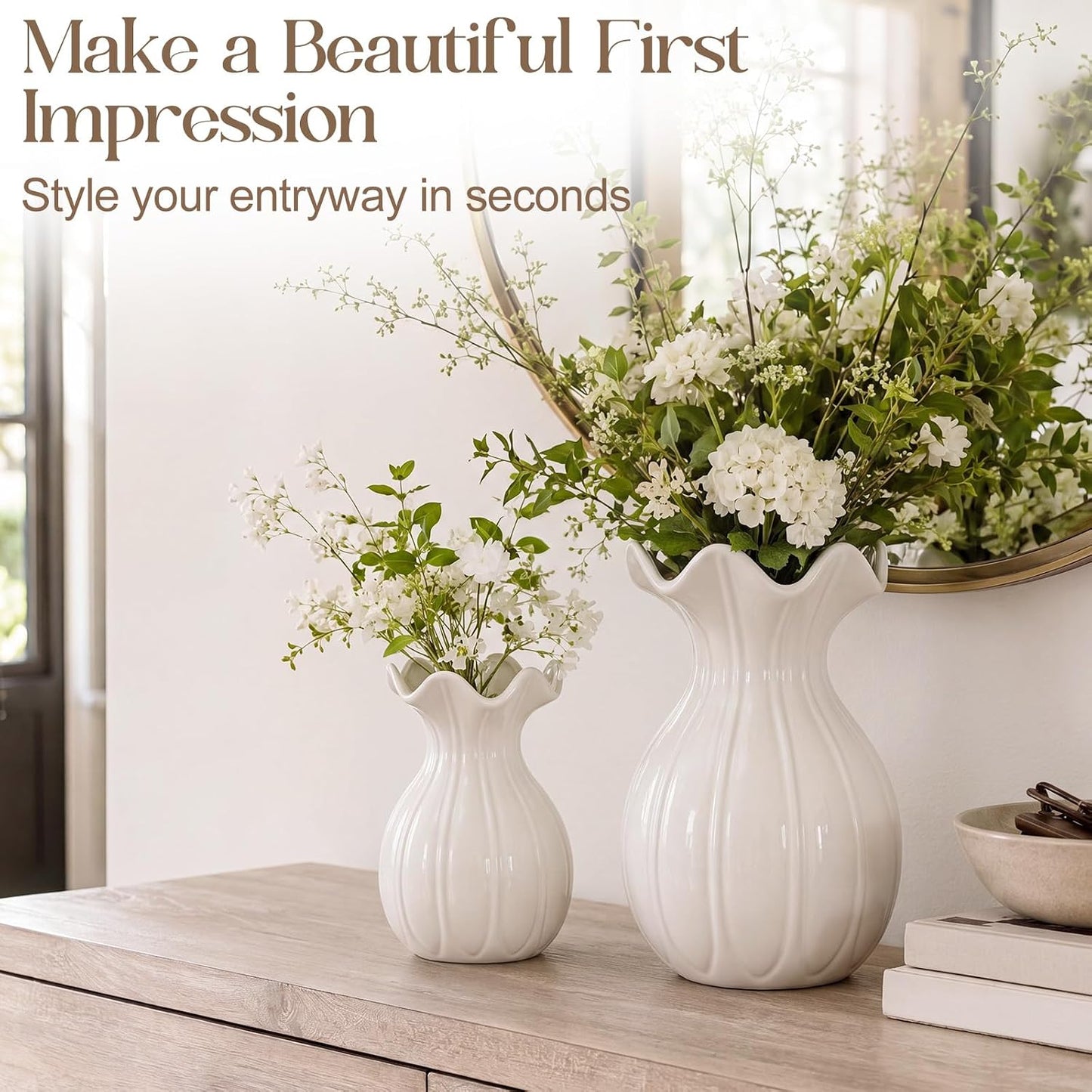 3 Pack White Ceramic Vase Set Small Rustic Decorative Vases Home Decor Wavy Edge Modern Flower Vases for Farmhouse Table Centerpiece Living Room Kitchen Bedroom (5.7,6.7,7.9in,Elegant)