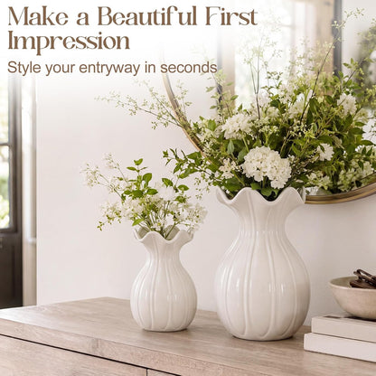 3 Pack White Ceramic Vase Set Small Rustic Decorative Vases Home Decor Wavy Edge Modern Flower Vases for Farmhouse Table Centerpiece Living Room Kitchen Bedroom (5.7,6.7,7.9in,Elegant)