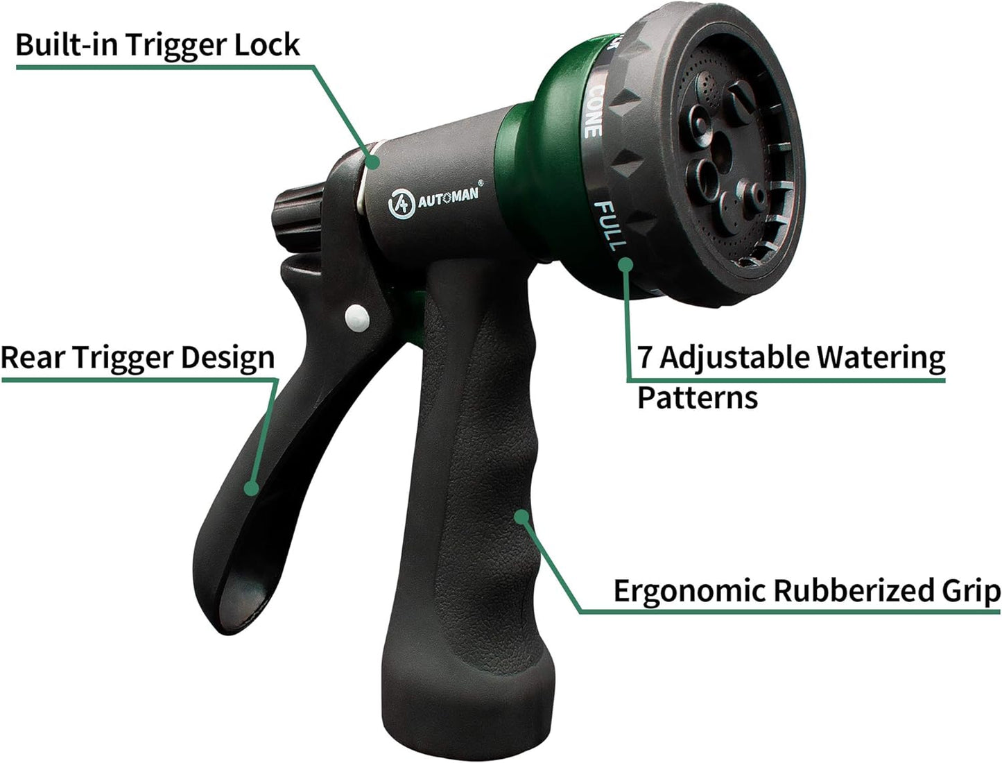 AUTOMAN Garden Hose Nozzle - 2 Pack, 100% Metal High Pressure Spray Nozzle, Labor-Saving Design, Heavy Duty for Garden Watering, Car Washing, Window Cleaning, Pets Bathing