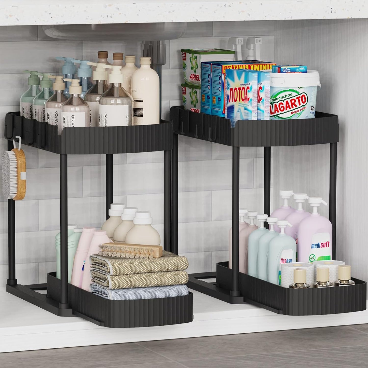 Ukeetap Multi-Purpose Pull-Out Storage Organizers, Under Sink/Cabinet Organizers and Storage for Bathroom & Kitchen, Black, 12.8 Inches, 2 Packs