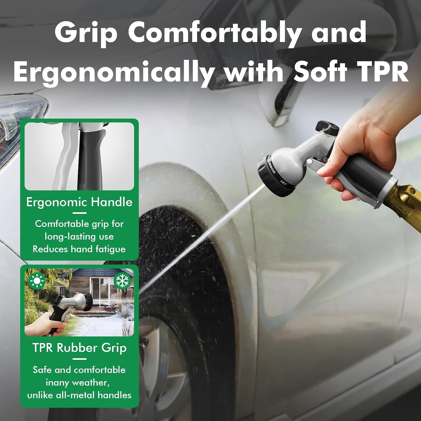 RESTMO Garden Hose Nozzle, Heavy Duty Metal Water Hose Nozzle with 7 Adjustable Spray Patterns, High Pressure Hand Sprayer with Flow Control for Watering Plants & Lawns, Washing Cars & Pets