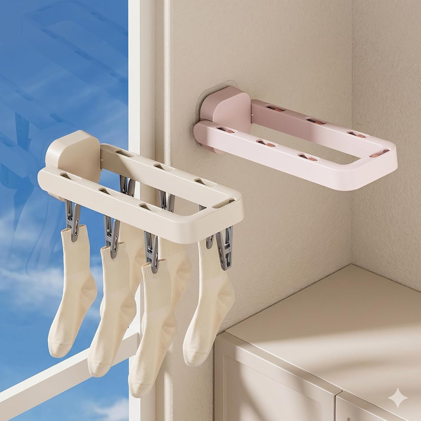 Foldable Wall Mounted Drying Rack with 7 Hidden Clips, Punch-Free Adhesive Sock & Underwear Hanger, Collapsible Space-Saving Laundry Rack for Bathroom, Balcony & Washstand, Holds 11 lbs (White-1 Pcs)