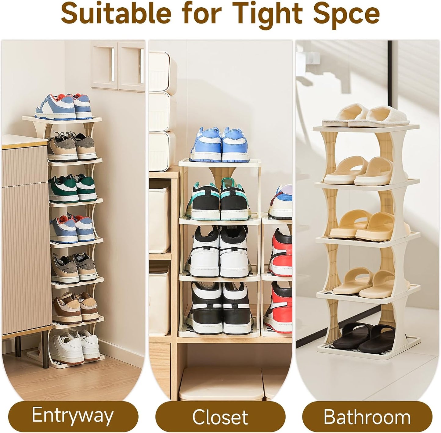 UFORU Vertical Shoe Rack 6 Tier, Narrow Free Standing Shoe Organizer for Closet, Entryway & Bedroom, Tall Plastic Narrow Shoe Rack for Small Spaces, Stackable Shoe Organizer& Easy to Assemble
