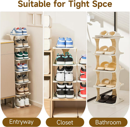 UFORU Vertical Shoe Rack 6 Tier, Narrow Free Standing Shoe Organizer for Closet, Entryway & Bedroom, Tall Plastic Narrow Shoe Rack for Small Spaces, Stackable Shoe Organizer& Easy to Assemble