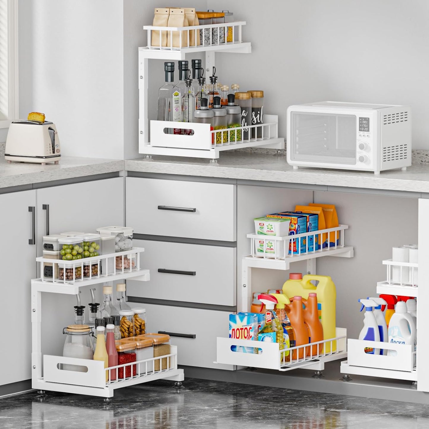Saydear L-Shaped Under Sink Organizer, 2-Tier Pull-out Cabinet Rack 1-Pack | Black Height-Adjustable Metal Rack, Sliding Grid Drawers with Safety Stopper, Holds 100 Lbs, Ideal Kitchen Cabinet Storage