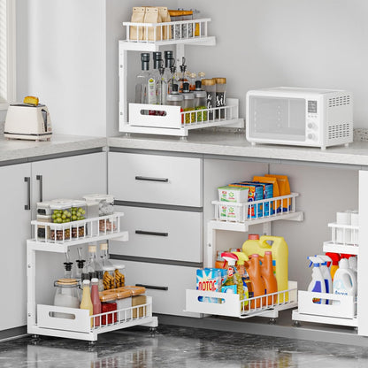 Saydear L-Shaped Under Sink Organizer, 2-Tier Pull-out Cabinet Rack 1-Pack | Black Height-Adjustable Metal Rack, Sliding Grid Drawers with Safety Stopper, Holds 100 Lbs, Ideal Kitchen Cabinet Storage