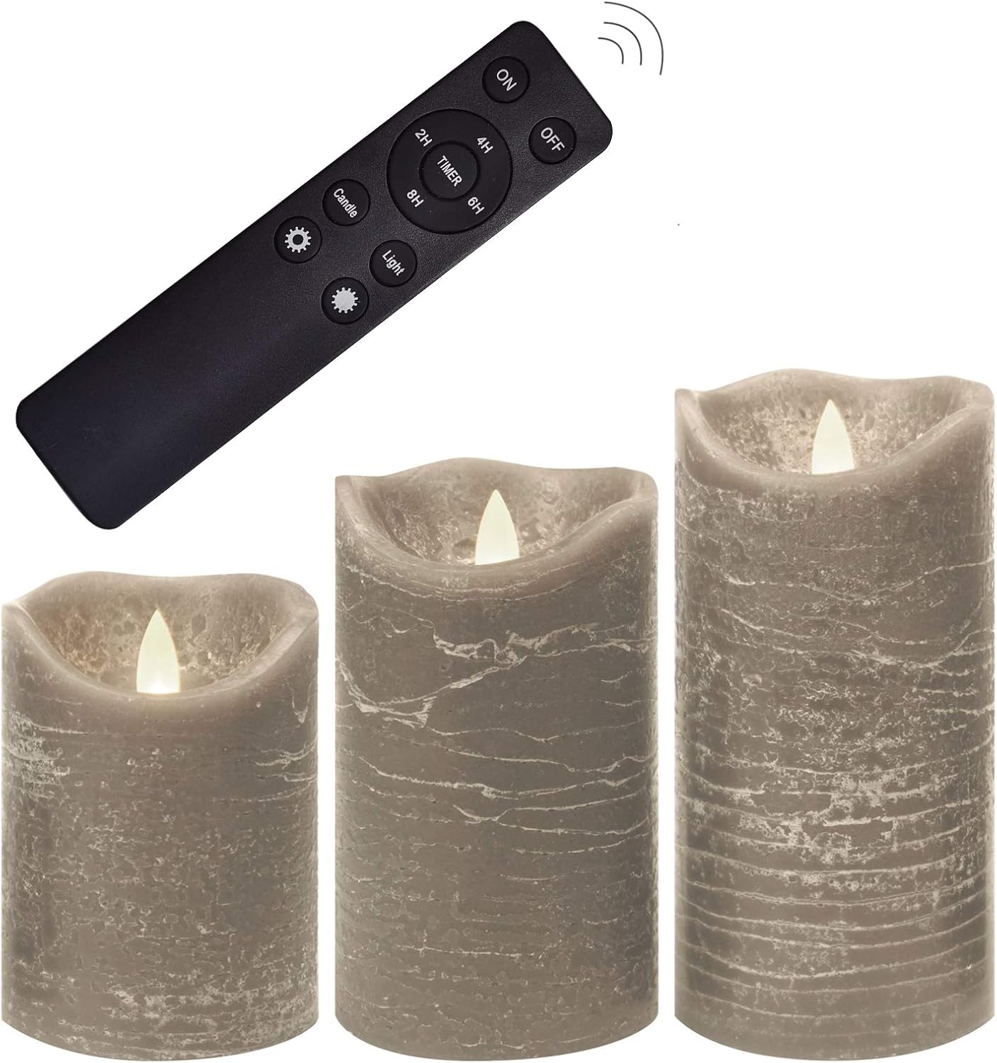 Battery Operated Flameless Candles with Remote Timer Real Wax Realistic Bright Flicker Flickering Electric Electronic LED Pillar Lights Home Wedding Party Decorations Set of 3 Rustic Texture Gray Grey