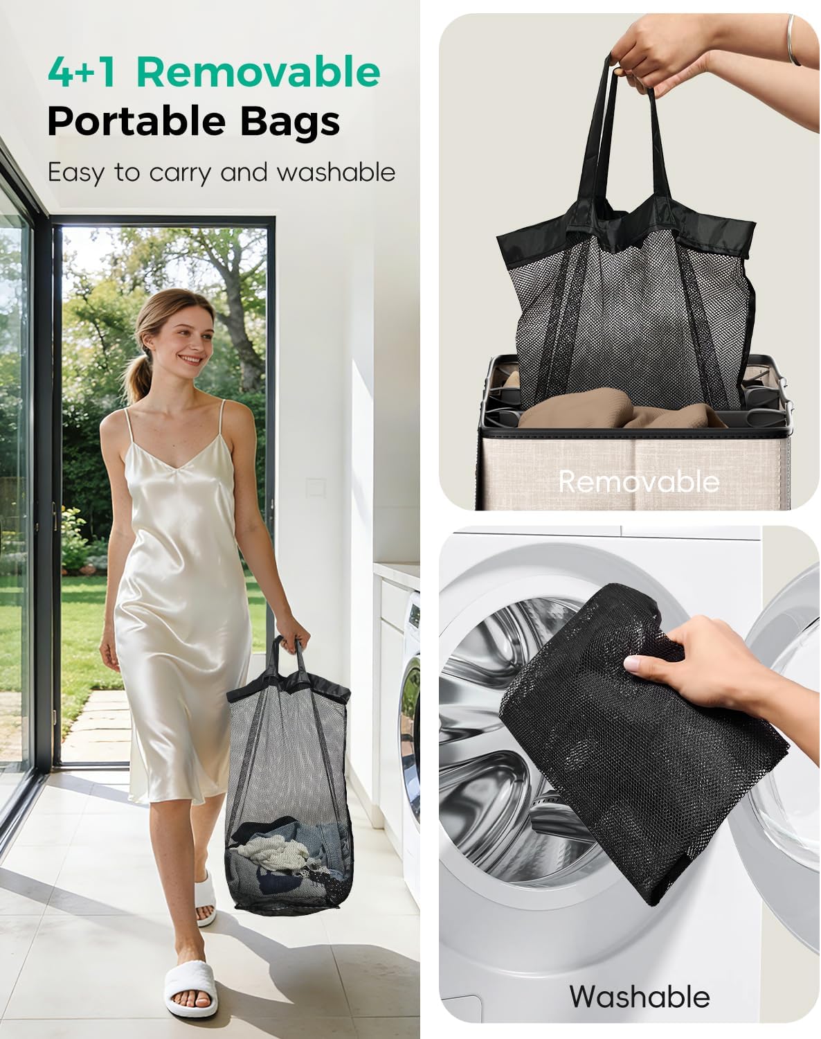 185L Laundry Hamper 3 Section with Lid & Removable Bags | Collapsible laundry basket organizer for laundry room, bedroom & dorm with 3 removable washing bags