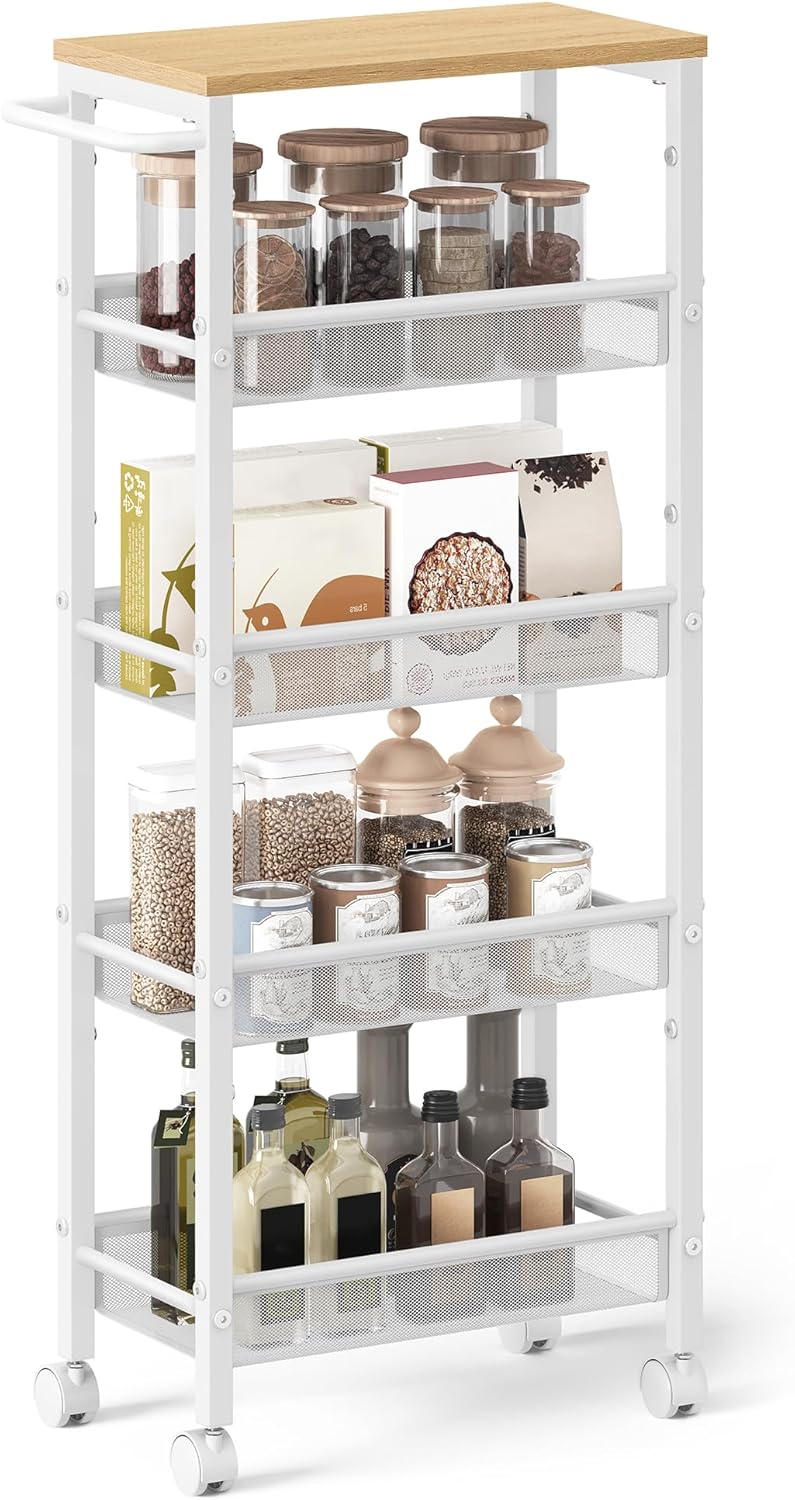 VASAGLE Slim Rolling Cart, 4-Tier Narrow Storage Cart with Handle, 5.1 Inches Deep, Metal Frame, for Kitchen, Dining Room, Living Room, Home Office, Rustic Brown and Classic Black ULRC032B01V1