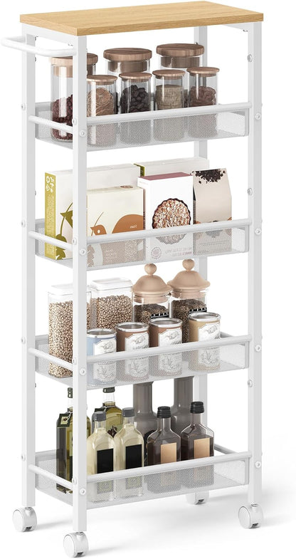 VASAGLE Slim Rolling Cart, 4-Tier Narrow Storage Cart with Handle, 5.1 Inches Deep, Metal Frame, for Kitchen, Dining Room, Living Room, Home Office, Rustic Brown and Classic Black ULRC032B01V1