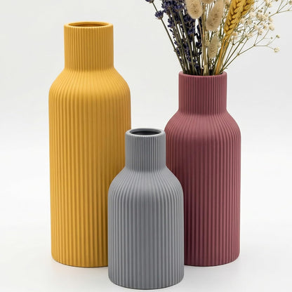 White Ceramic Flower Vases Set of 3, Modern Matte Vertical Ribbed, Nordic Minimalist Decor for Pampas, Dried & Fresh Flowers, Centerpiece for Living Room, Shelf, Entryway, Wedding,Office