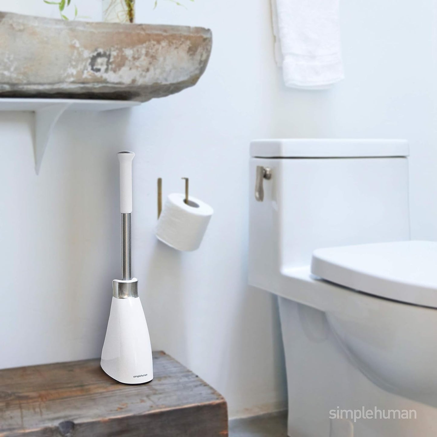 simplehuman Toilet Brush with Caddy, Stainless Steel, White
