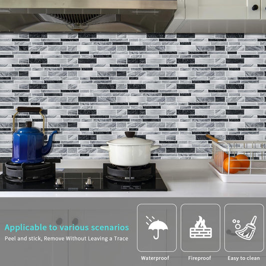 Heikki Peel-and-Stick Self-Adhesive Wall Tiles, 4.7×9.7-inch Kitchen & Bathroom Splashback Tiles, Marble Pattern Design (48-Piece Set) (Black-Gray)