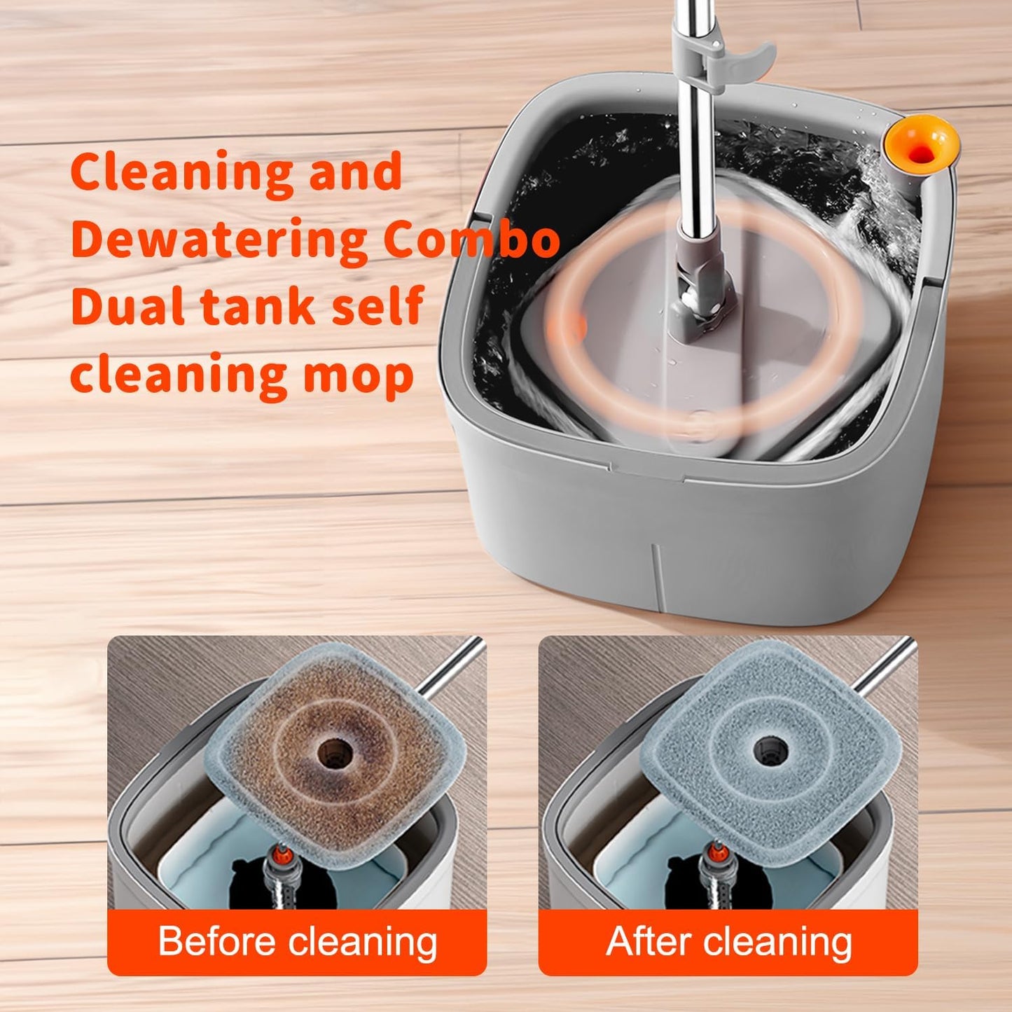 Spin Mop and Bucket Set with 2 Replaceable Microfiber Mop Pads with Self Separation Dirty and Clean Water System, Self Wringing 360° Rotating Square Mop Head for Hardwood Tile Marble Floors