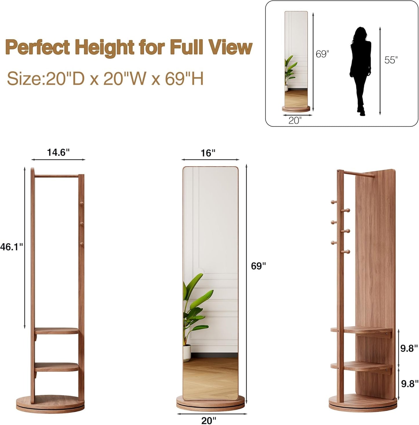 Full Length Mirror with Coat Rack & Storage, 360° Rotating Solid Wood Standing Floor Mirror with Shelves for Bedroom, Entryway, Dressing Room (Natural Wood, 66" x 18")