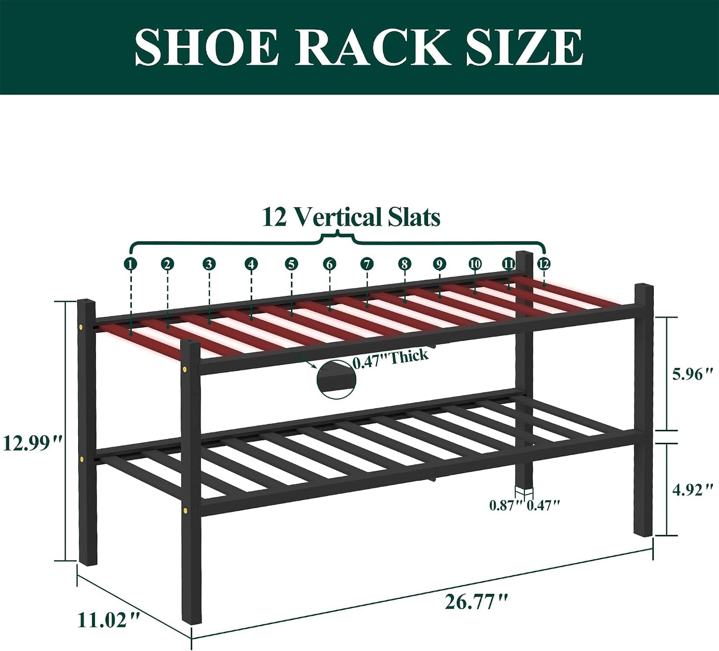 Smiry Bamboo Shoe Rack, 3 Tier Free Standing Wooden Shoe Organizer, Stackable Wood Shoe Storage Shelf for Closet, Entryway, 12 Vertical Slats, 2+1 Stack Standard Legs, 26.8"x11"x19.5", Natural