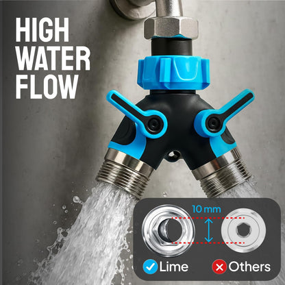 2 Way Hose Splitter Heavy Duty - Metal Y Garden Hose Splitter with Shutoff Valves, Brass Outdoor Faucet Adapter for Spigot, 3/4 Inch GHT Water Hose Connector - Green