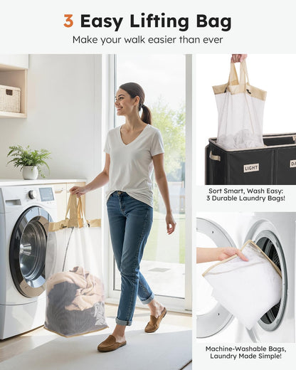SOLEDI 180L Laundry Hamper 3 Section, Extra Large Laundry Hamper with Lid, Dirty Clothes Hamper with Sturdy Handle, Large Laundry Basket Organizer for Laundry Room, Bedroom, Hampers for Laundry