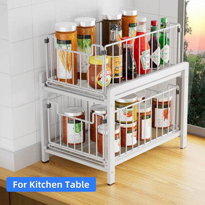 2 Tier Sliding Basket Drawer Organizer, Lxmons Pull Out Under Sink Cabinets Organizers, Metal Home Shelf for Bathroom or Kitchen, Sliding Countertop or Pantry Storage Shelf, Large Black
