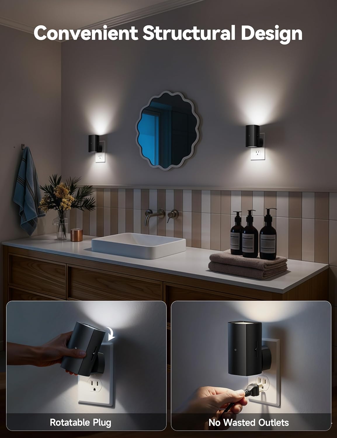 Brightown 2 Pack Night Lights Plug Into Wall, Modern Night Light with Rotating Plug, Dusk to Dawn Sensor, 0-100LM Stepless Dimming Nightlights, Home Decor for Hallway Bedroom Bathroom, Soft White