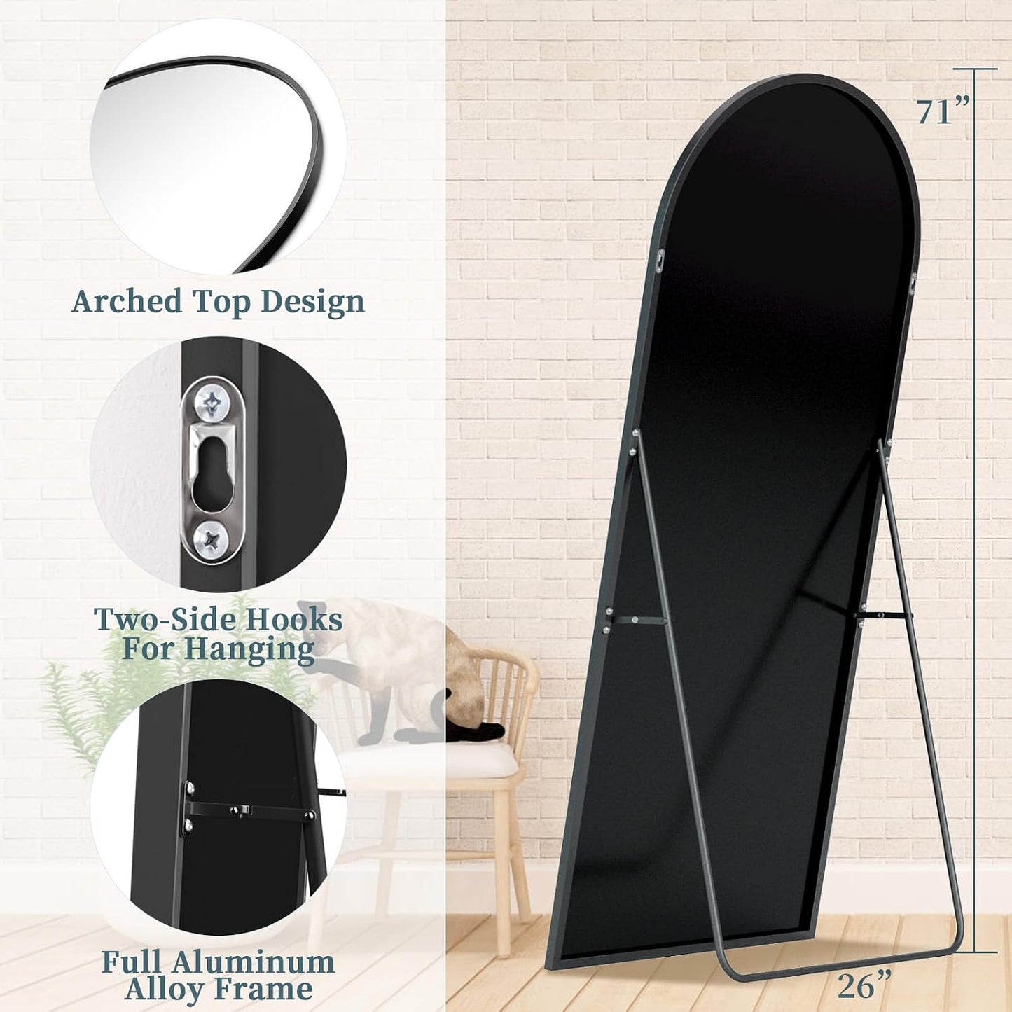 Full Length Mirror with Stand, 71"x28" Arched Full Body Large Stand Up Aluminum Frame Floor Standing Mirror, Freestanding Hanging Leaning Mounted for Bedroom Living Room Entryway Gold
