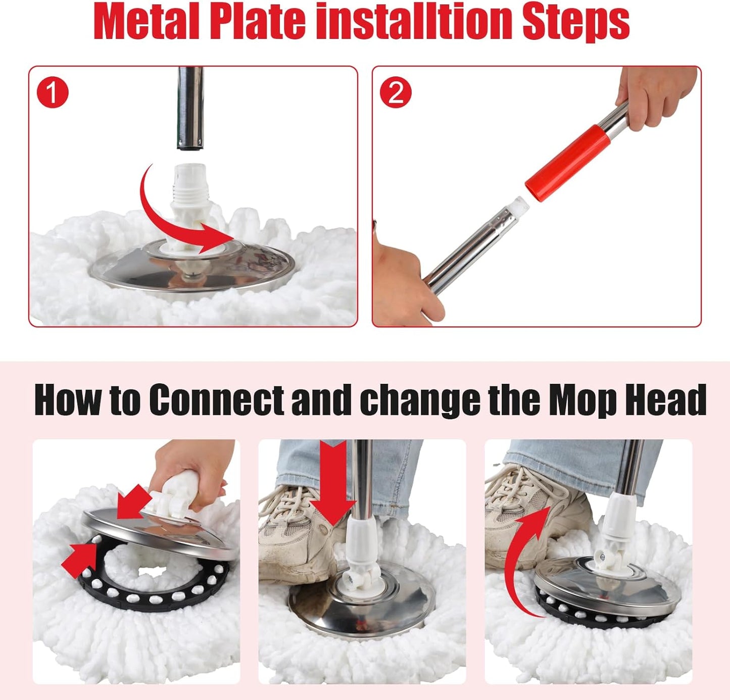 Spin Mop and Bucket with Wringer Set, 360° Spinning Mop Bucket System with 3 Microfiber Mop Replacement Heads and 50" Stainless Steel Adjustable Handle for Floor Cleaning