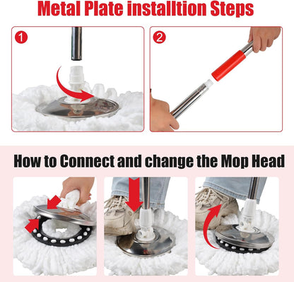 Spin Mop and Bucket with Wringer Set, 360° Spinning Mop Bucket System with 3 Microfiber Mop Replacement Heads and 50" Stainless Steel Adjustable Handle for Floor Cleaning