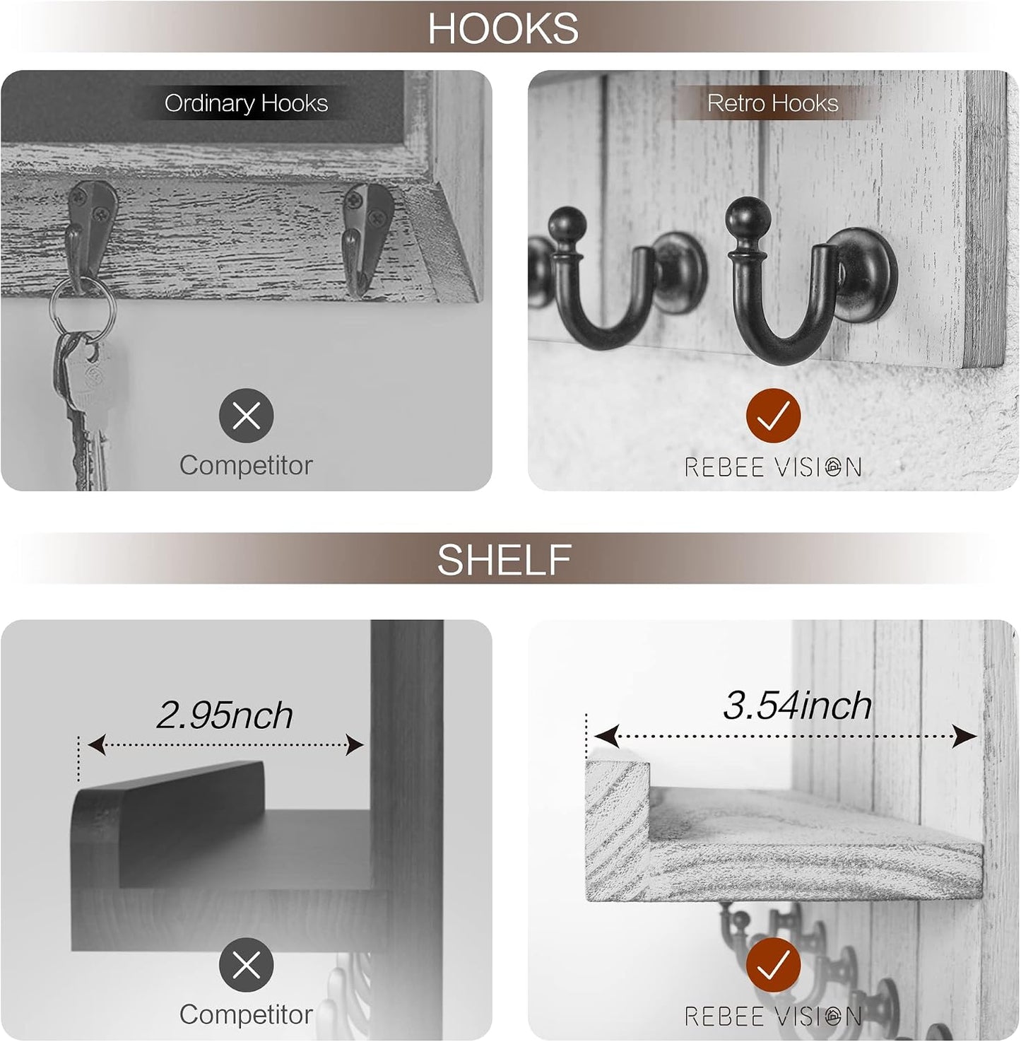 Rebee Vision Decorative Key Holder Wall Mount - Rustic Key Holder for Wall with Shelf and Mail Organizer for Living Room Decor - Home Essentials for Home Improvement (Brown, 3.54" x 10" x 7.28")