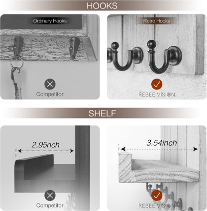 Rebee Vision Decorative Key Holder Wall Mount - Rustic Key Holder for Wall with Shelf and Mail Organizer for Living Room Decor - Home Essentials for Home Improvement (Brown, 3.54" x 10" x 7.28")