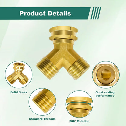 GHT 3/4 Hose Splitter 2 Way, Brass Hose Y for Outdoor Spigot | for garden hoses, sprinklers, drip irrigation and patios, good sealing performance, sturdy, leakproof, full flow port