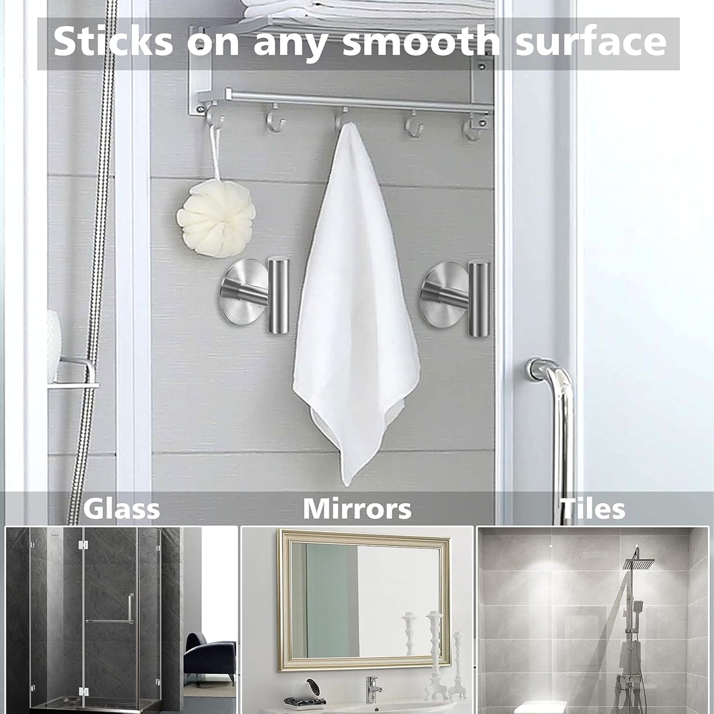 Bntuk Adhesive Hooks Heavy Duty Wall Hooks Stainless Steel Waterproof Shower Hook, Adhesive Holder Coat Hook for Hanging, Wall Mounted Towel Hooks for Bathroom Glass Window- 2 Pack