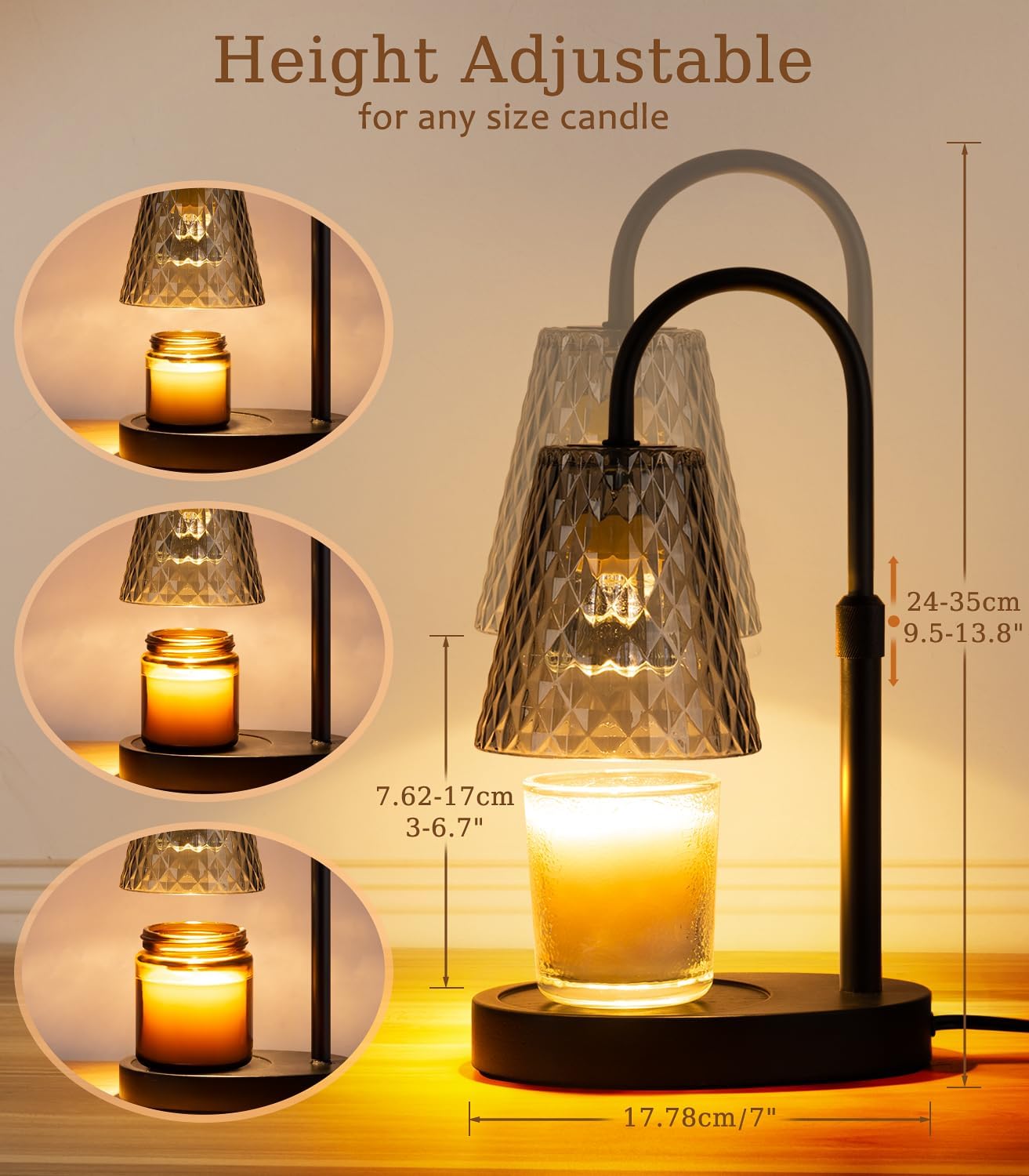 Candle Warmer Lamp with Timer - Electric Candles Wax Warmers Glass Lamps for Jar Candles Burner Adjustable Height and Dimmable Light Modern No Flame Scented Candle Warming Lantern, Amber