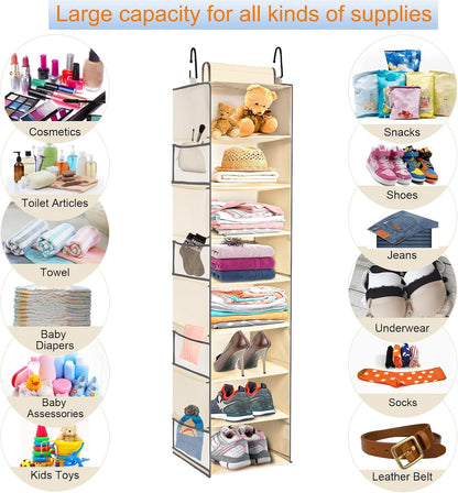Large-Sized Hanging Shoe Organizer 8-Shelf, Hanging Closet Organizer with 8 Side Pockets, Wider Hanging Shelves for Storage Shoes Clothes 9" W × 11.8" D× 48" H, Grey