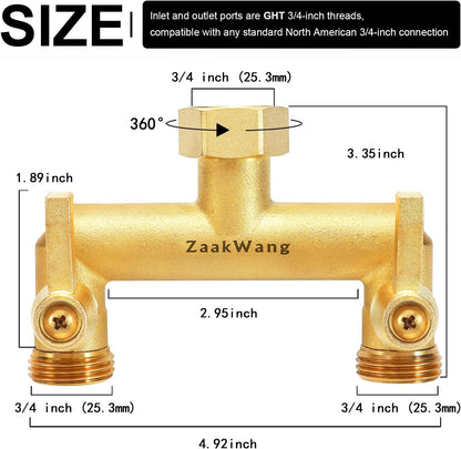 Heavy Duty Brass 2-Way Garden Hose Splitter, 3/4" GHT Threads, Metal Shutoff Valve, Long Handle