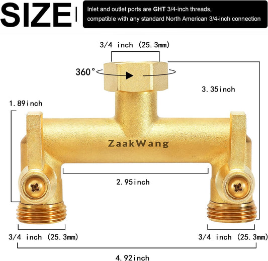 Heavy Duty Brass 2-Way Garden Hose Splitter, 3/4" GHT Threads, Metal Shutoff Valve, Long Handle