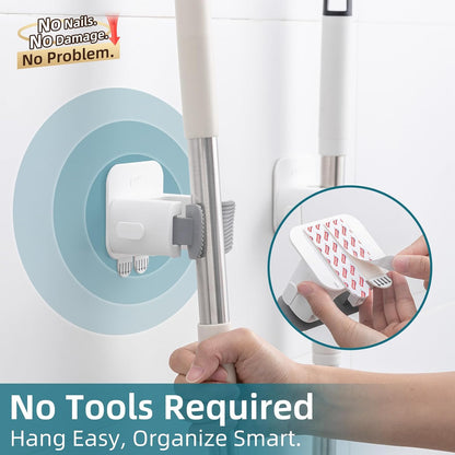 TAILI Mop and Broom Holder Wall Mount Grippers, 2 Hangers and 6 Adhesive Strips, Damage Free Hanging Wall Mount, Household Cleaning Organizer for Organization and Storage, Holds up to 4 lbs, White