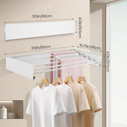Wall Mounted Laundry Drying Rack, Carbon Steel Foldable & Retractable Clothes Drying Rack, Space Saving Adjustable Towel Holder for Bathroom, Laundry, Small Spaces (1, White, 31.5")