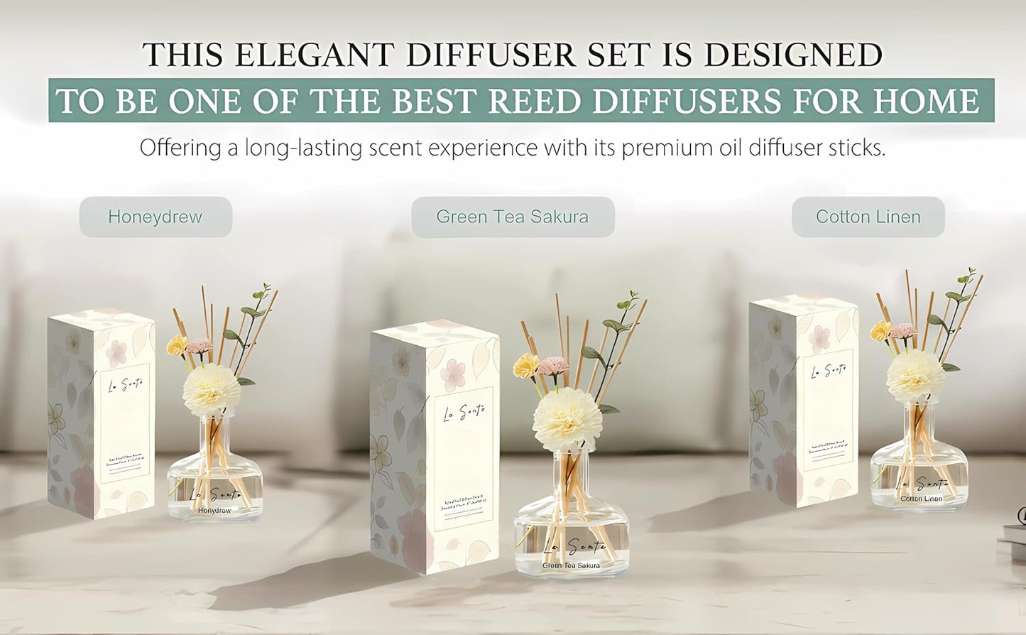 Reed Diffuser Set 8.5 fl oz / 250 ml Glass Bottle with Decorative Flower & Natural Reeds Flameless Home Fragrance for Bathroom Bedroom Office Honeydew Scent