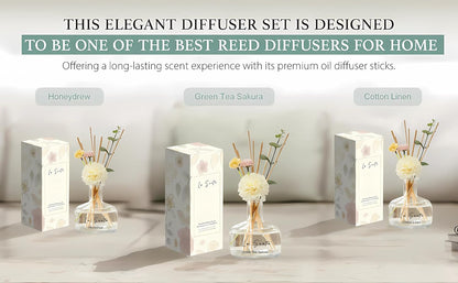Reed Diffuser Set 8.5 fl oz / 250 ml Glass Bottle with Decorative Flower & Natural Reeds Flameless Home Fragrance for Bathroom Bedroom Office Honeydew Scent